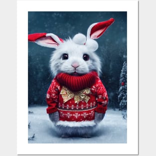 Cute Christmas Bunny with Christmas sweater Posters and Art